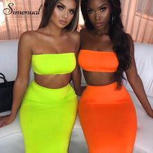 Load image into Gallery viewer, Simenual Sexy Party Matching Set Women Fashion Sleeveless 2 Piece Outfits Neon Color Strapless Top And Skirt Sets 2019 Summer